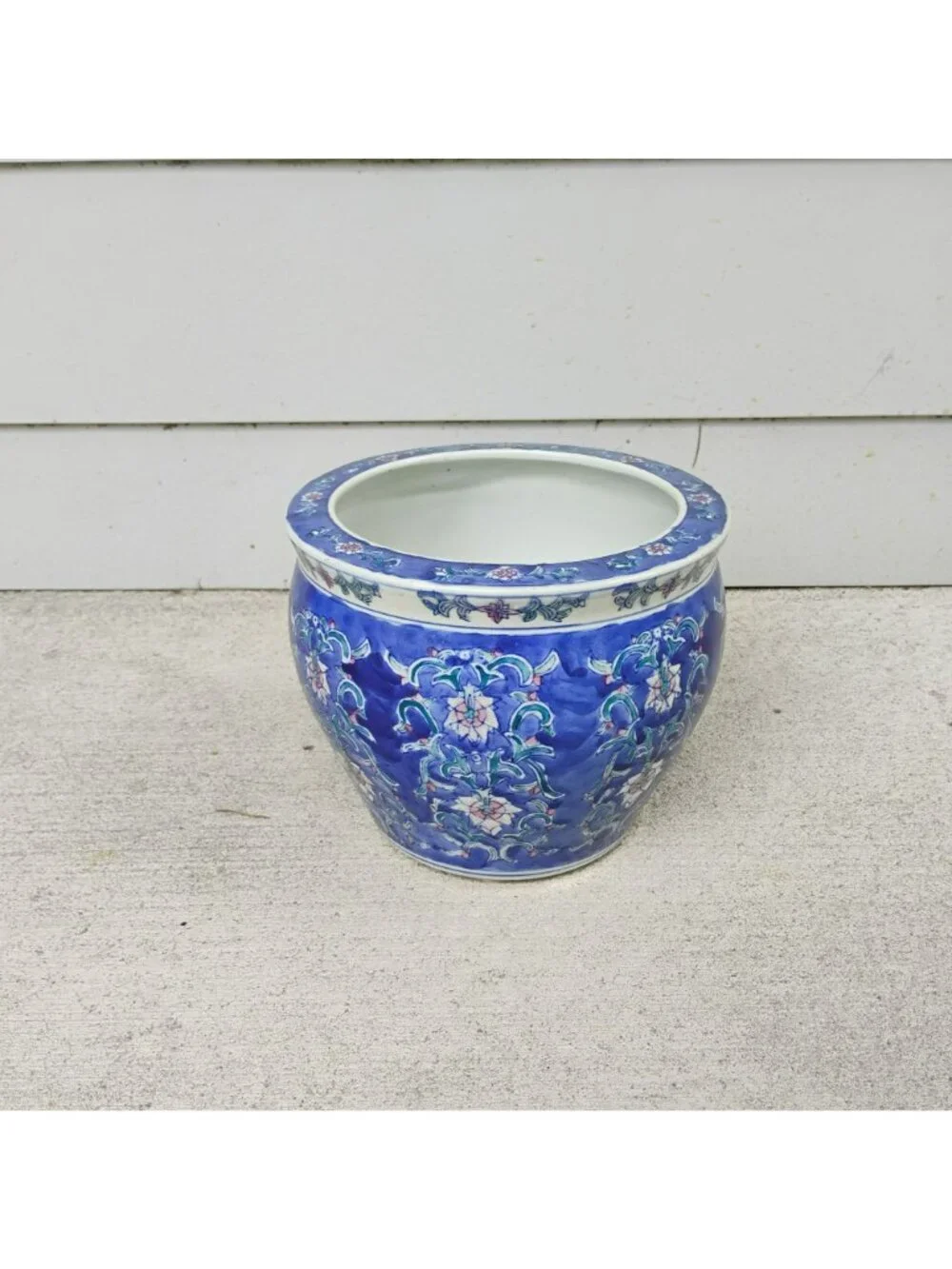Vintage Chinese Blue & White Porcelain Fishbowl Planter 8” Chinoiserie Cachepot